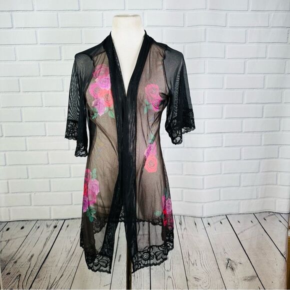 Mapale Sheer Black Floral Knee Length Robe - Ones Size - Picture 1 of 10